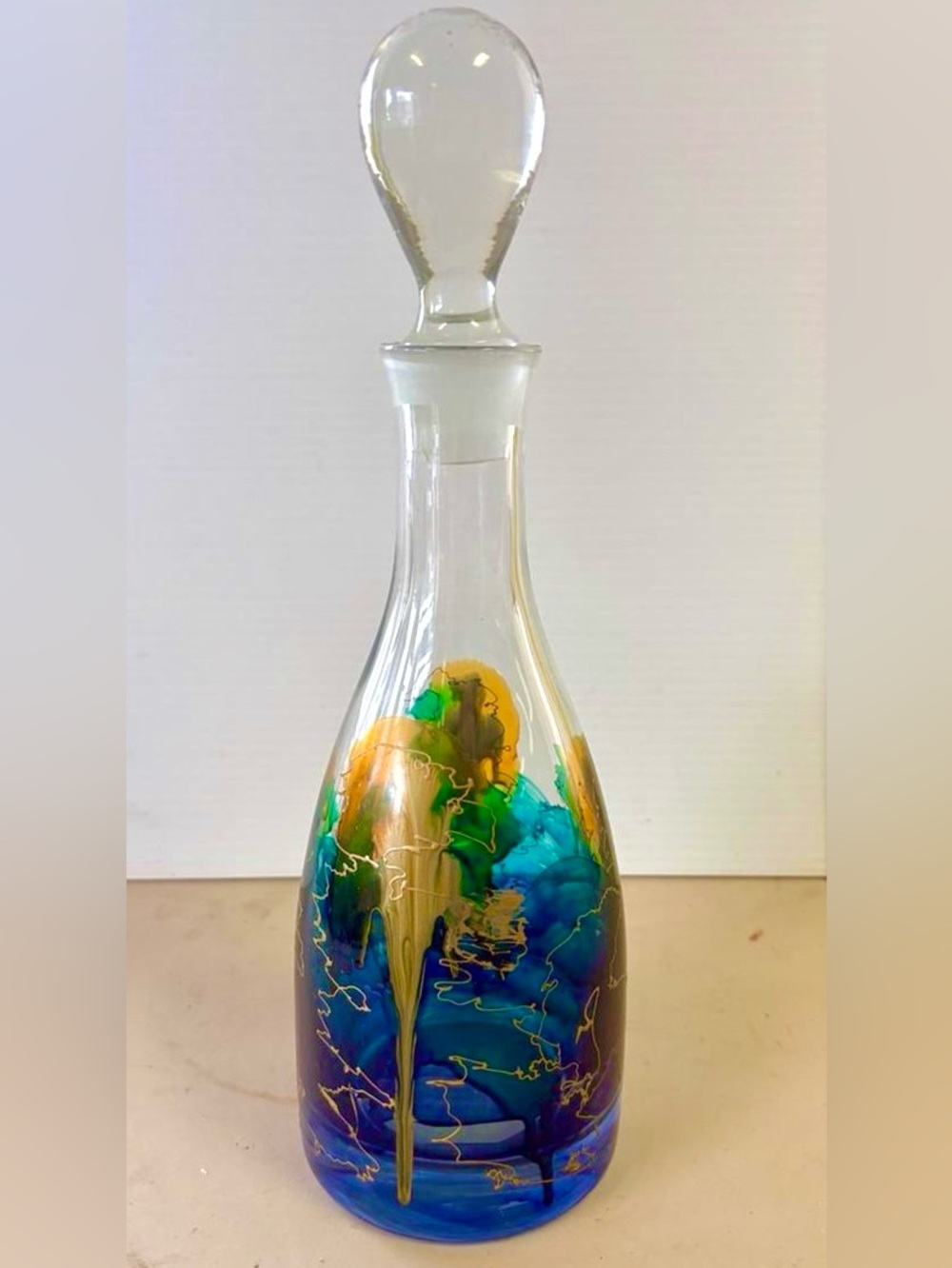 VTG Crystal Romanian Decanter & Stopper Blue Green Gold Clear  Hand Painted